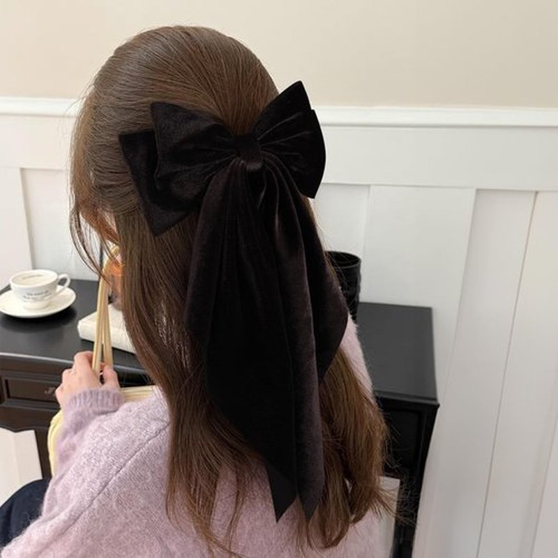 Fall Brown Velvet ribbon Hair Bow Barrettes for Women Girls Thick Hair Big Velvet Hair Bow Clips with Long Tail Her Winter outfit Dress Decoration Accessories