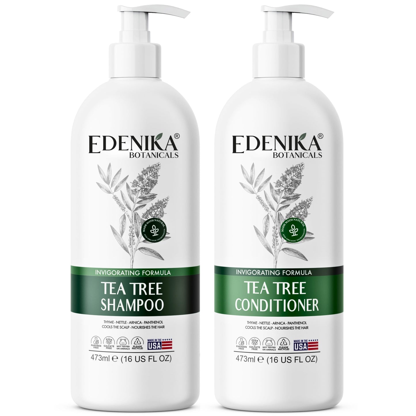 EDENIKA BOTANICALS Tea Tree Oil Shampoo and Conditioner Set, Deep Cleansing for Buildup & Oily Scalp, Soothes Itchy Scalp & Refreshes Hair, Sulfate Free, Women & Men, 16 fl oz Each