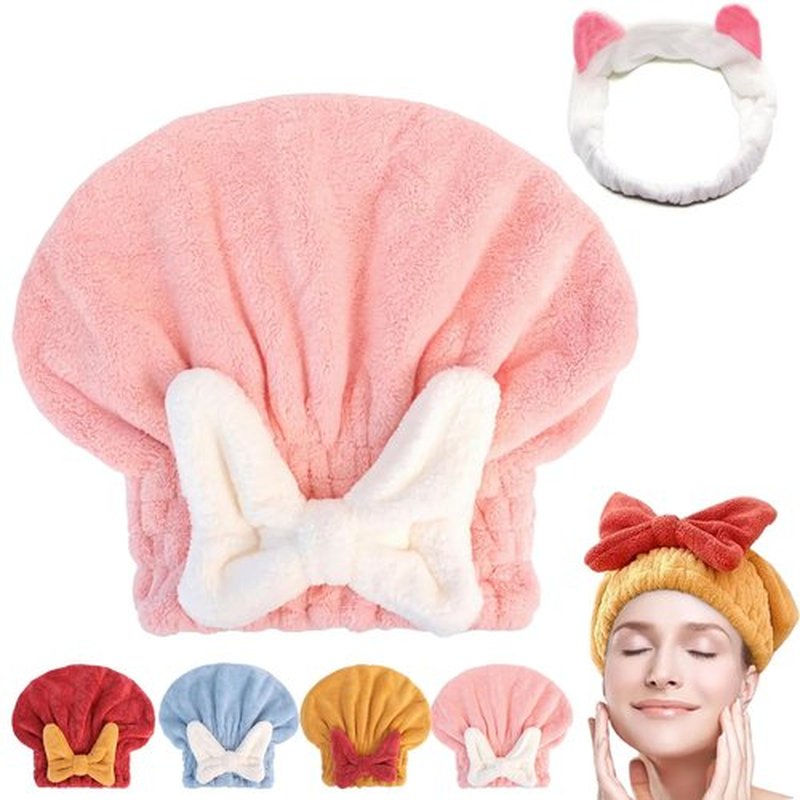 GDSAFS New Super Absorbent Hair Towel Wrap for Wet Hair, Efficient Absorbent Hair Towel Wrap, Microfiber Hair Towel Wrap, Quick-Drying Thickened Soft Bow Tie Wet Hair Towel Wrap for Women (Pink)