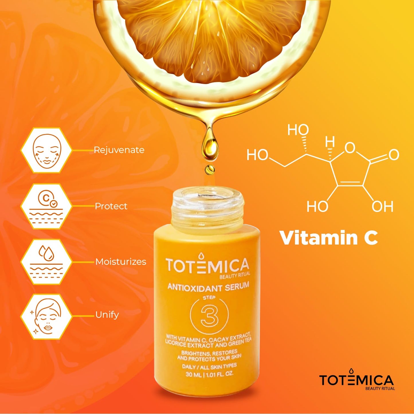 TOTEMICA Vitamin C Face Serum, Hydrating & Antioxidant Serum for Face, Vegan & Alcohol-Free Facial Serum for Radiant Glow | Premium Anti Aging serum - 1.01 Fl Oz