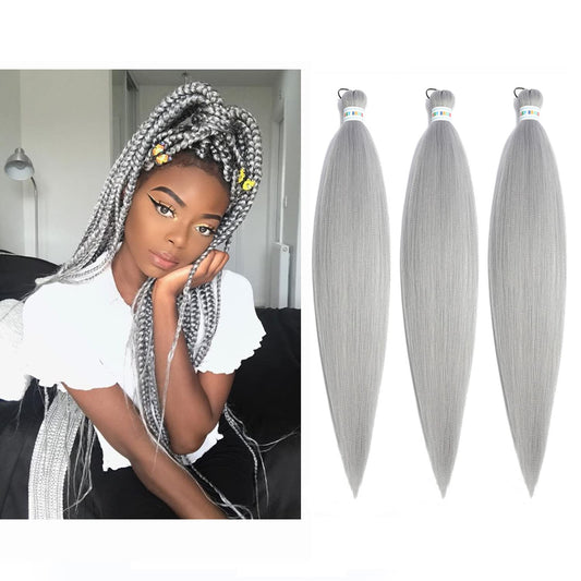 Newluyang Pre Stretched Braiding Hair, Synthetic Crochet Hair Braids,26 inch 3 Packs Hot Water Setting Professional Yaki Texture Crochet Hair Extension Braids. (26inch,Grey)