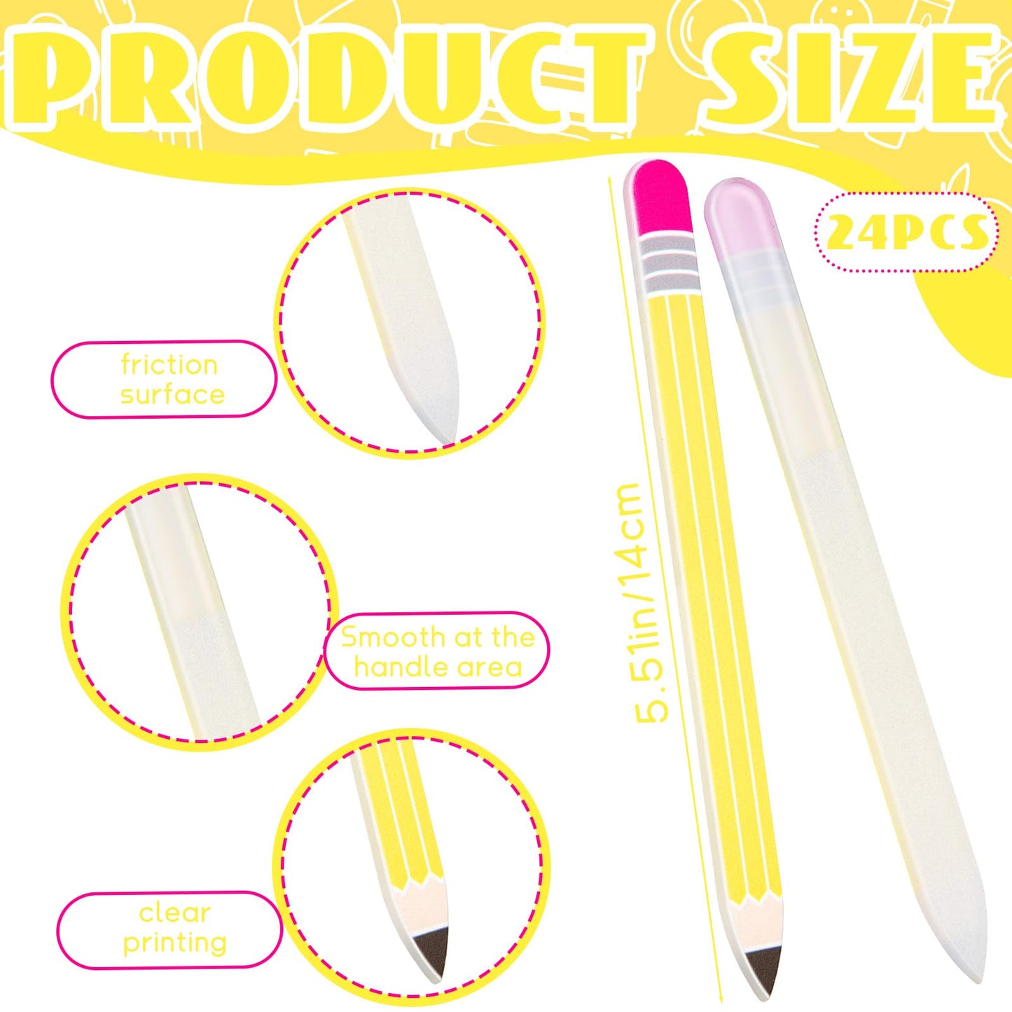 24 Pcs Teacher Gift Pencil Shaped Nail File Glass Nail Files Teacher Appreciation Gift for Teacher Classroom School Office Party Favors