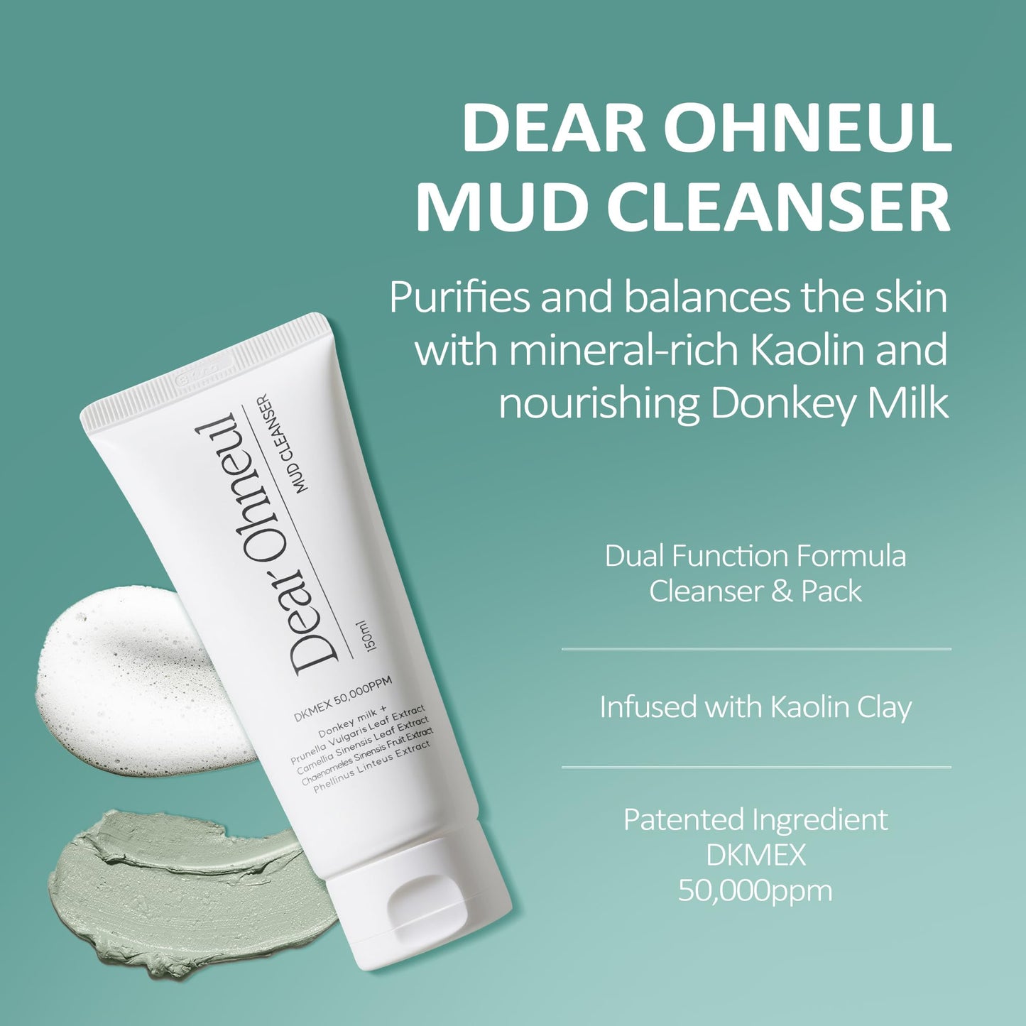 Dear Ohneul Mud Cleanser | 120ml 4.06 Fl. Oz | 2-in-1 Cleanser & Mask | Donkey Milk | Pore Refining | Deep Cleanse | Kaolin Clay | Moisturizing | Korean Skincare