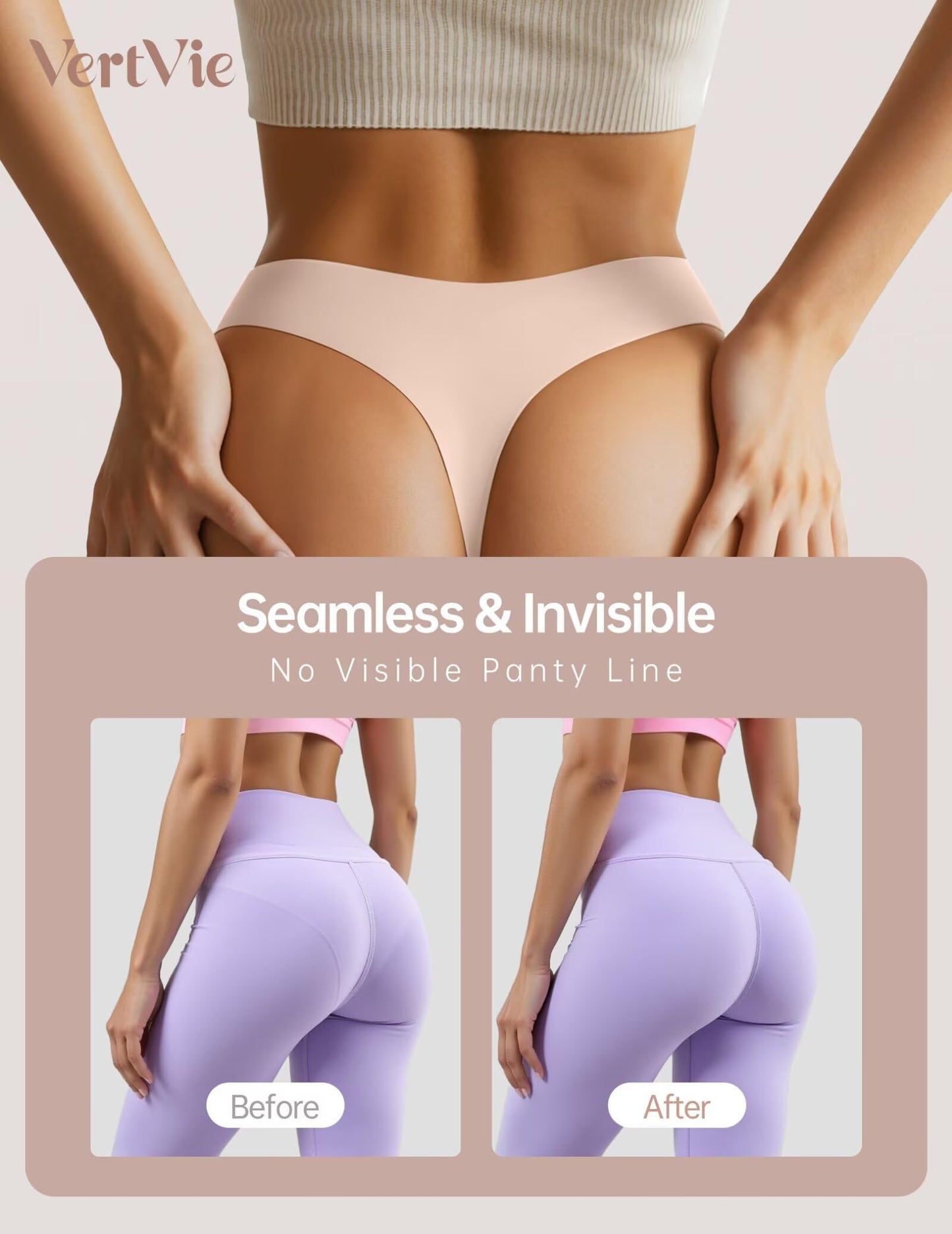 Vertvie Seamless Thongs Panties No Show Workout Underwear, CRM, S Cream