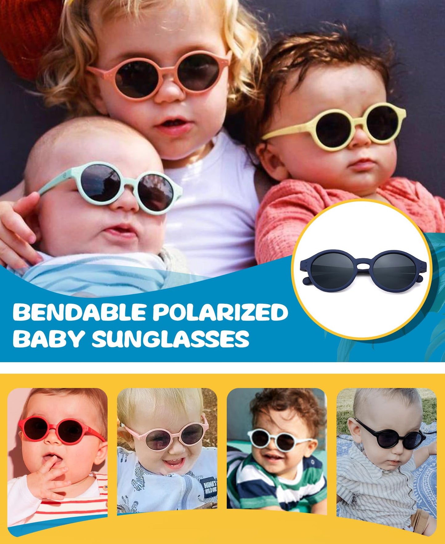 NULOOQ Polarized Baby Sunglasses with Silicone Strap - Bendable TPEE Flexible Infant Sunglasses 0-24 Months (Brown/Gray + Navy Blue/Gray) - 2 Pack