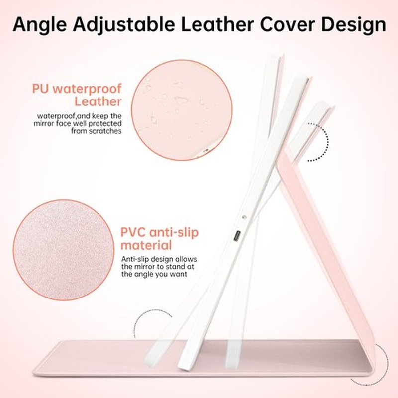 FUNTOUCH 2500mAh Large Rechargeable Travel Makeup Mirror with Lights, Portable Makeup Mirror with 10X Magnifying Mirror 3 Lighting Modes, Tabletop Folding Travel Mirror with PU Leather Cover (Pink)