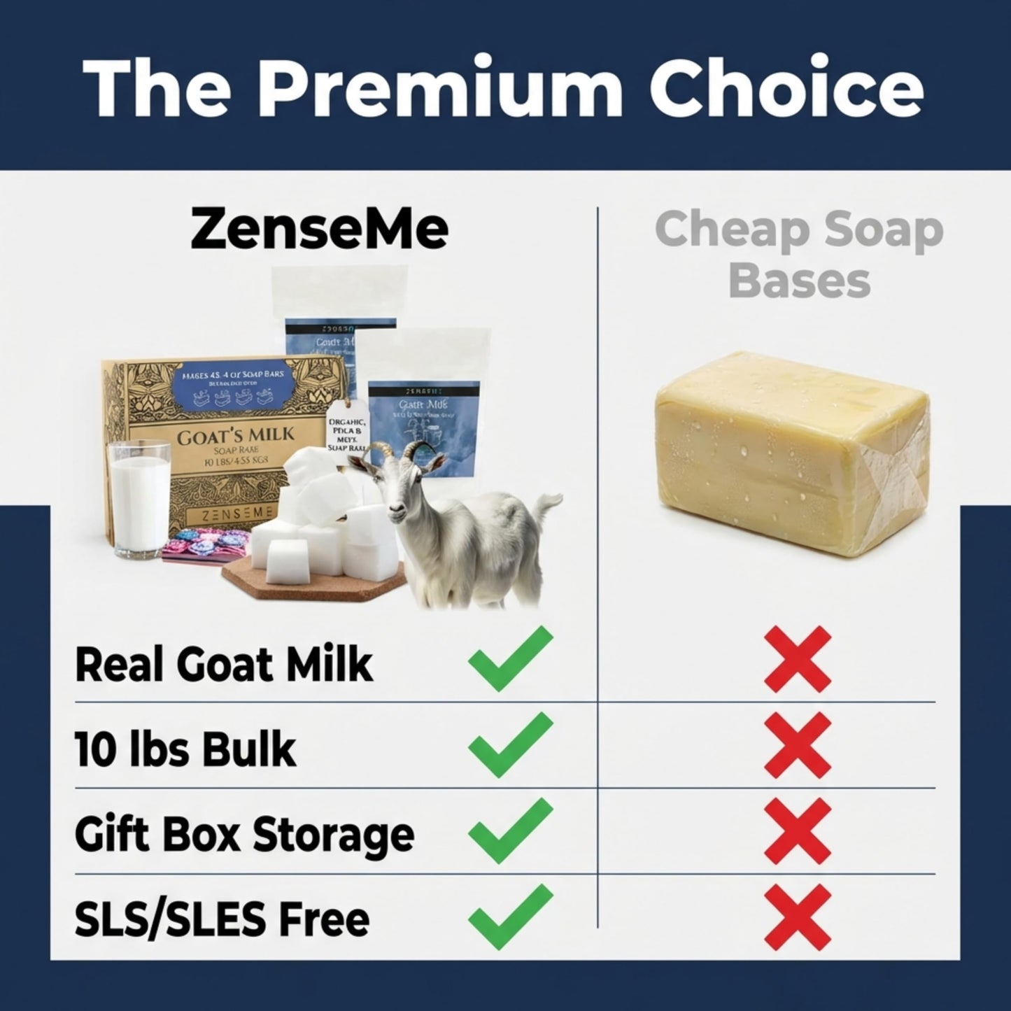 ZenseMe 10 LBS Goats Milk Soap Base | Melt and Pour Supplies Kit for Soap Making - SLS/SLES & PEG free | Gentle & Foamy Ingredients | Make Your Own Bulk For Adult Soapmaker - Easy to Cut