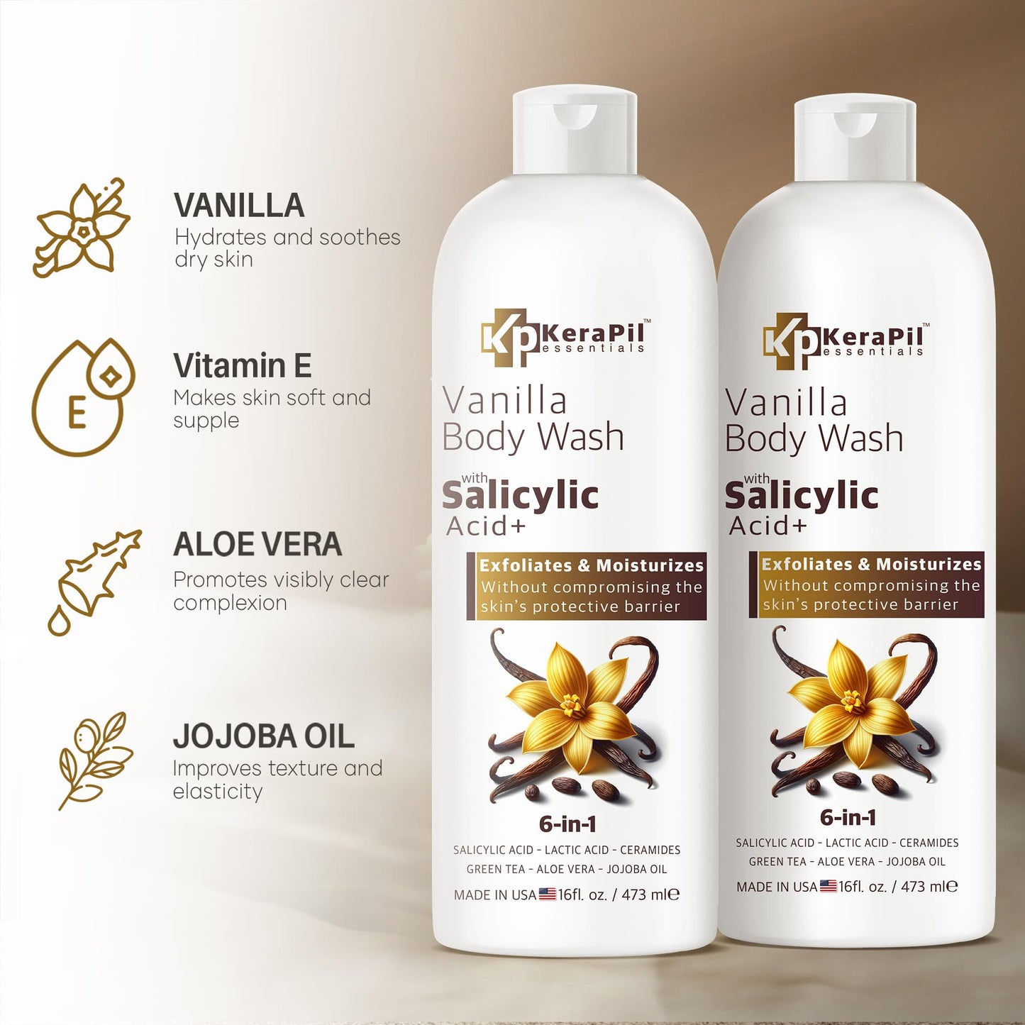 KERAPIL Vanilla Salicylic Acid Body Wash - Gentle Exfoliates Rough and Bumpy Skin, KP and Acne, With BHA & AHA - Made in USA - (16 fl oz x 2)
