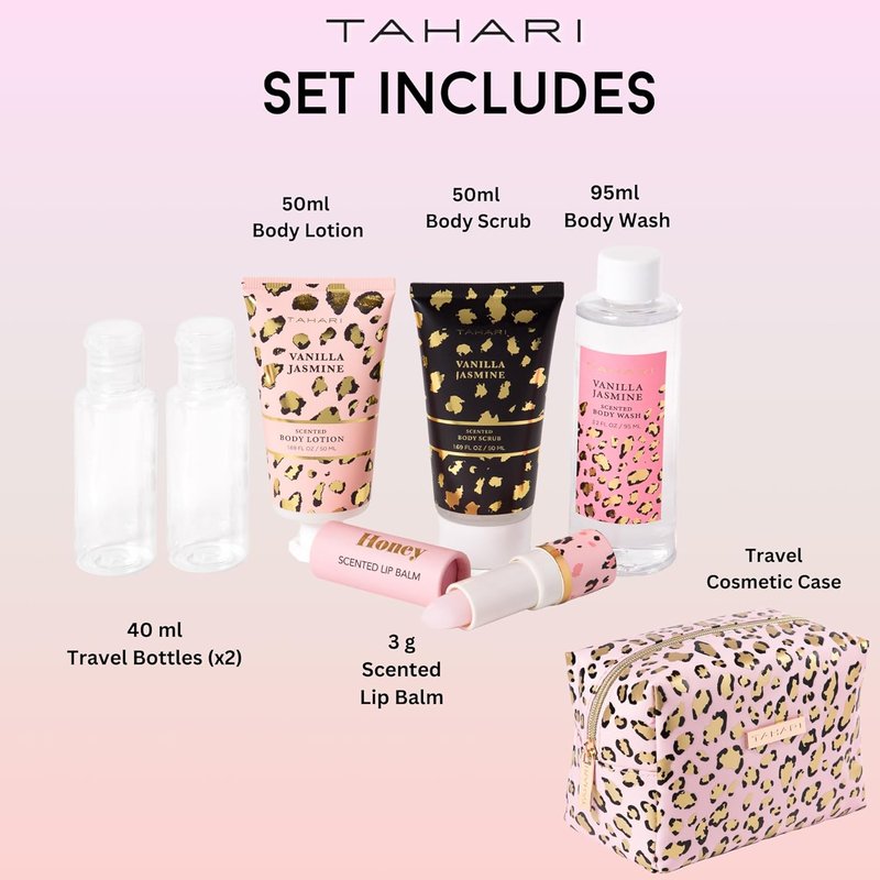 Tahari Vanilla Jasmine Spa Gift Set | Luxurious Bath Kit with Lotion, Scrub, Wash & Lip Balm - Perfect Self-Care Gift for Women