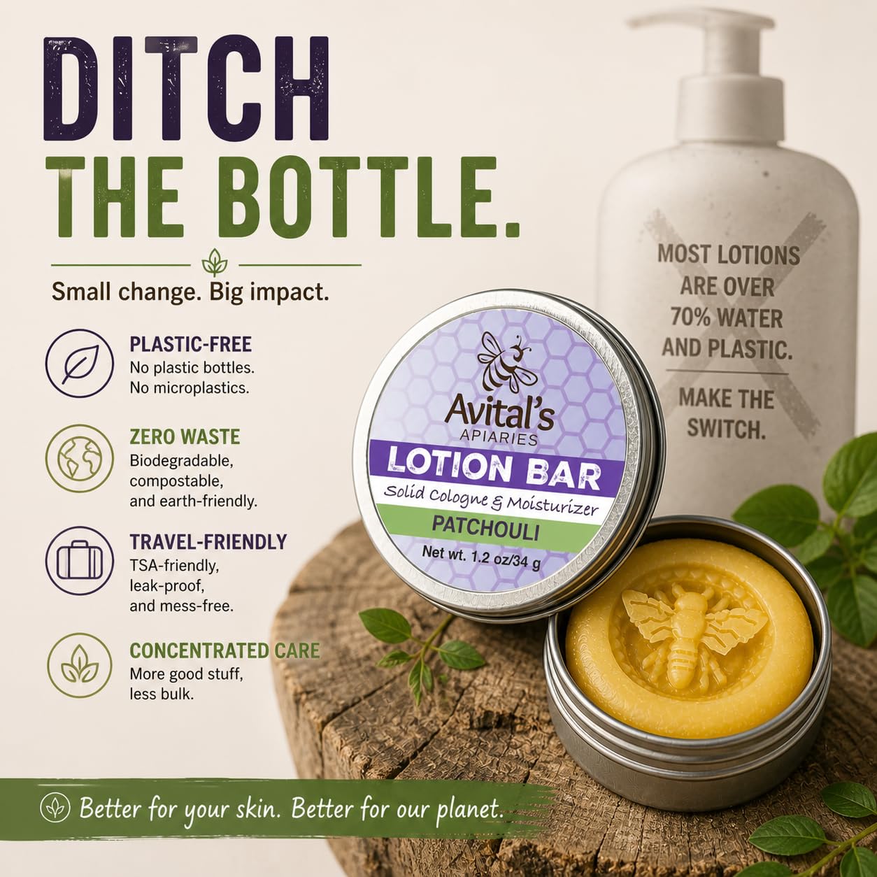 Avital's Apiaries Patchouli Lotion Bar – Solid Moisturizer with Shea Butter & Beeswax – Natural, Plastic-Free Body Lotion for Dry Skin – Travel-Friendly, Waterless Skincare