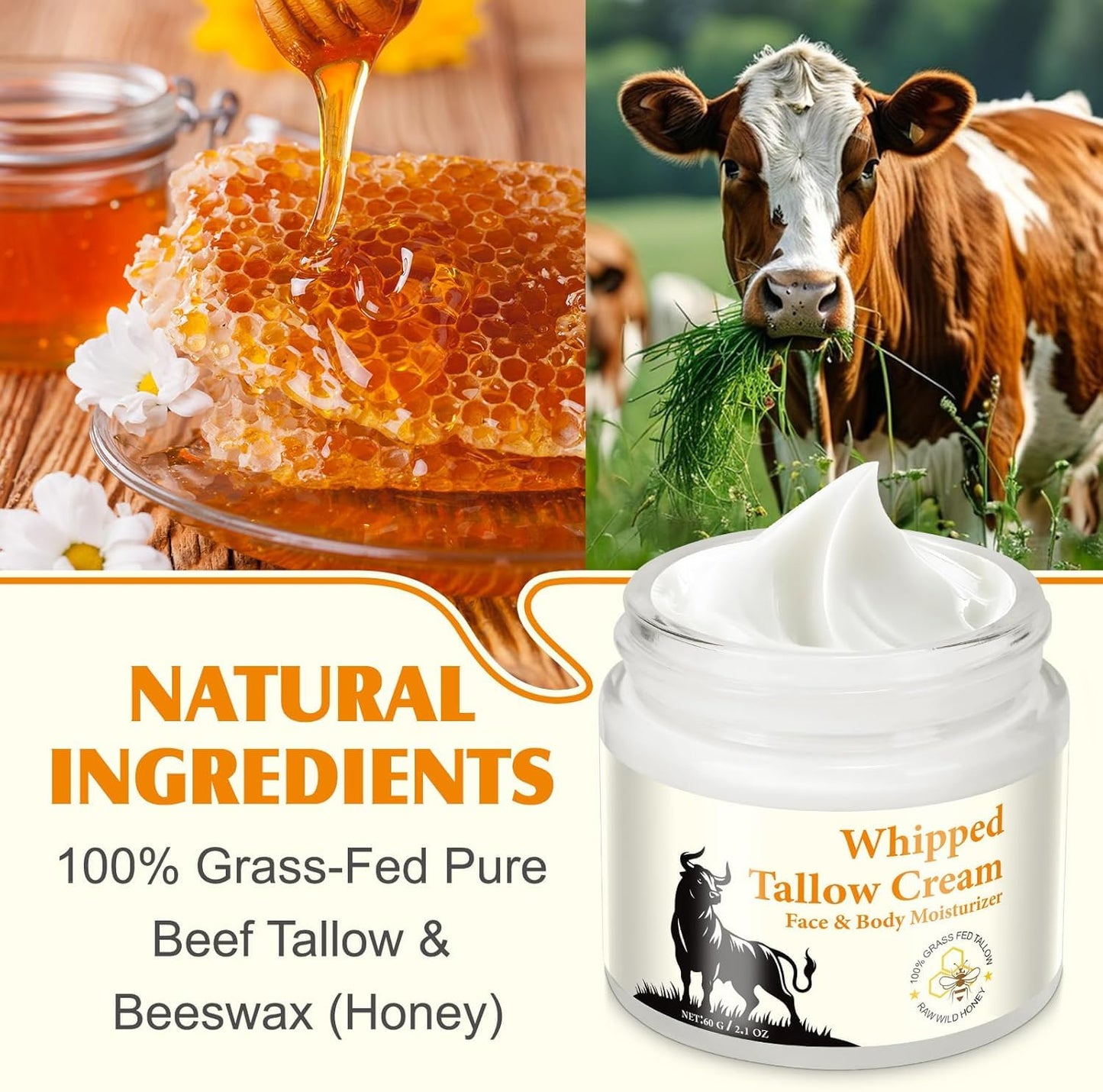 Cebo de Res para la Cara Original, Sebo de Res para la Cara, Bálsamo de Sebo de Vacuno Ecológico Alimentado Con Pasto para Una Piel Tersa Hidratante Totalmente Natural, 2.1oz/60g