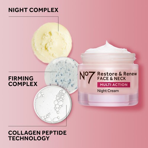 No7 Restore & Renew Multi Action Face & Neck Night Cream - Collagen Peptide Anti Aging Face Cream - Hydrating Hyaluronic Acid Night Cream - Shea Butter + Vitamin E Skin Firming Night Cream (50ml)