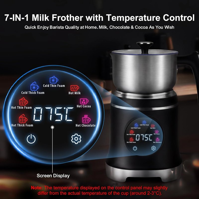 Electric Milk Frother - 7-in-1 Stainless Steel Steamer with Temperature Control | 20.3 OZ Hot & Cold Foam for Latte & Cocoa