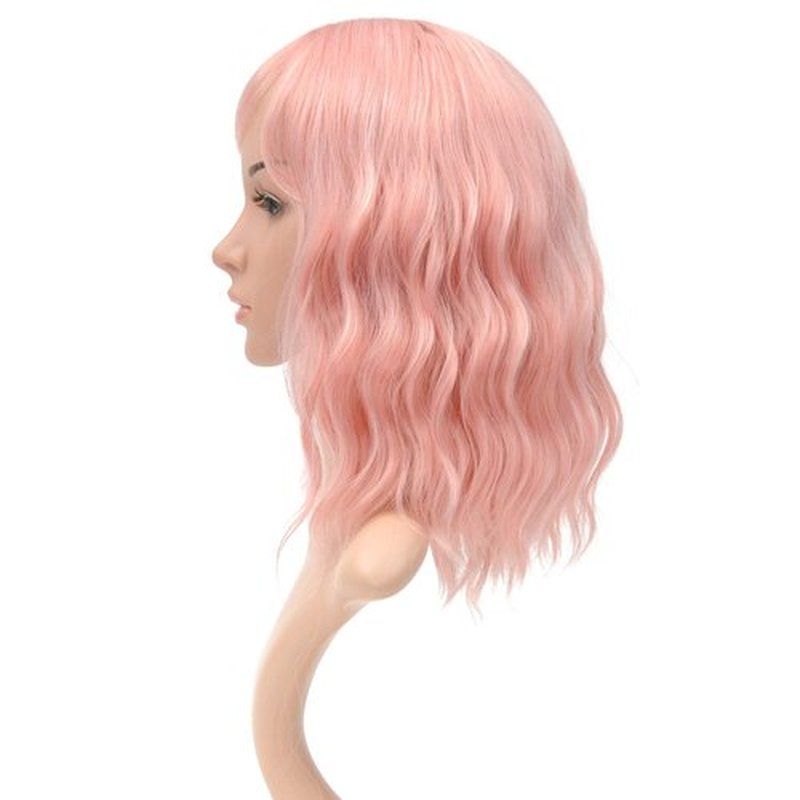 VCKOVCKO Natural Wavy Pastel Pink Wig Colorful Wigs With Air Bangs Short Bob Wigs Women's Shoulder Length Wigs Curly Wavy Synthetic Cosplay Wig Bob Wig for Girls(12", Lovely Pink)