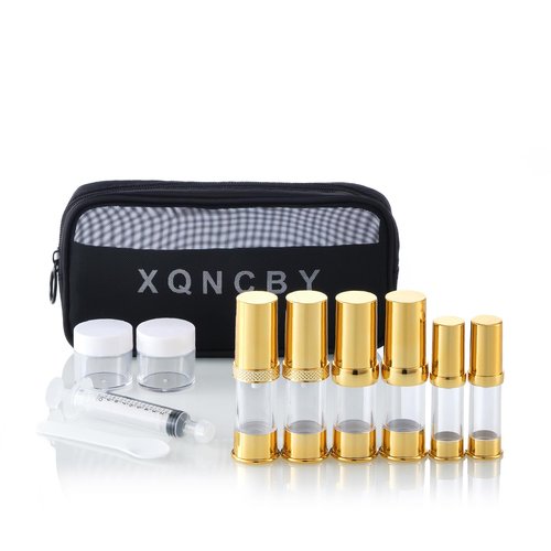 5ml, 10ml, 15g, Golden airless Pump Bottle for Travel, with Travel Bag Set, Empty refillable Cosmetic Pump Bottle, Vacuum Pump Bottle for Toner, Hair Oil, Lotion and Other Liquids (12 Packs)