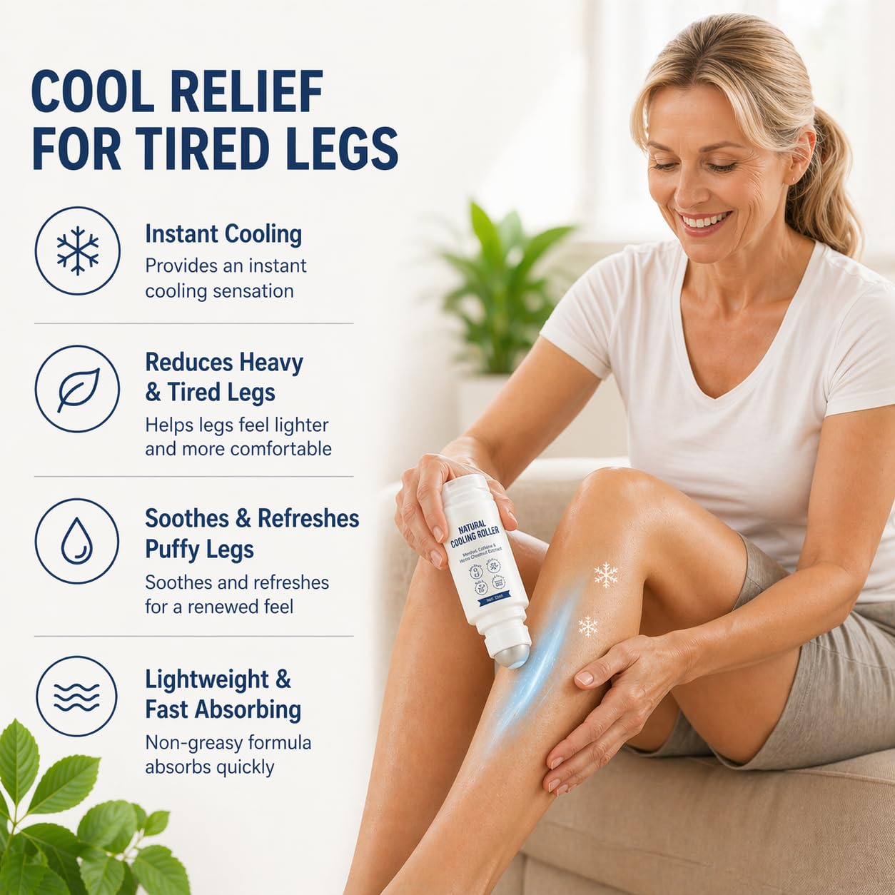 ZRRTXV Natural Cooling Roller for Tired Legs, Relief Roll On with Centella Asiatica, Menthol & Horse Chestnut, Reduces Puffines & Fatigue, Calms Skin, Fast-Absorbing (50ml)