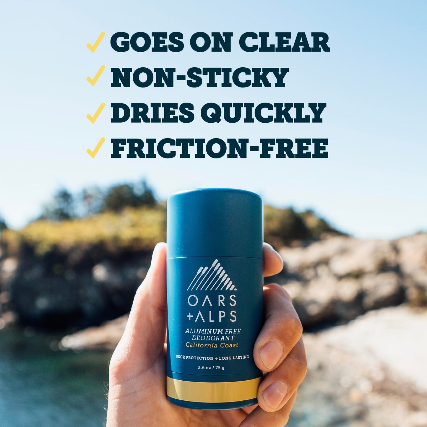Oars + Alps Aluminum Free Deodorant for Men | Long Lasting Odor Protection, Clear & Free of White Residue, Anti-Chafing Smooth Glide, Dermatologist Tested, California Coast, 1pk, 2.6oz