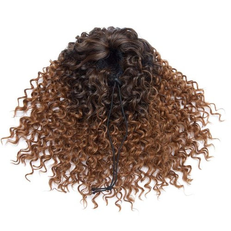 Hairro Afro Kinky Curly Ponytail Extensions Short Synthetic Hair 8 Inch Drawstring Deep Wave Puff Hairpieces for Black Women Ombre 1B/30 Auburn