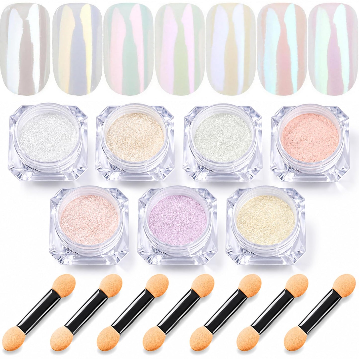7 Colors Chrome Nail Powder Set, Nail Chrome Bulk,White Pearl Iridescent Aurora Metallic Mirror Effect Dip Nail Powder Kit, Gel Polish Holographic Mermaid Pigment, Resin Craft,Nails Art Gift for Women