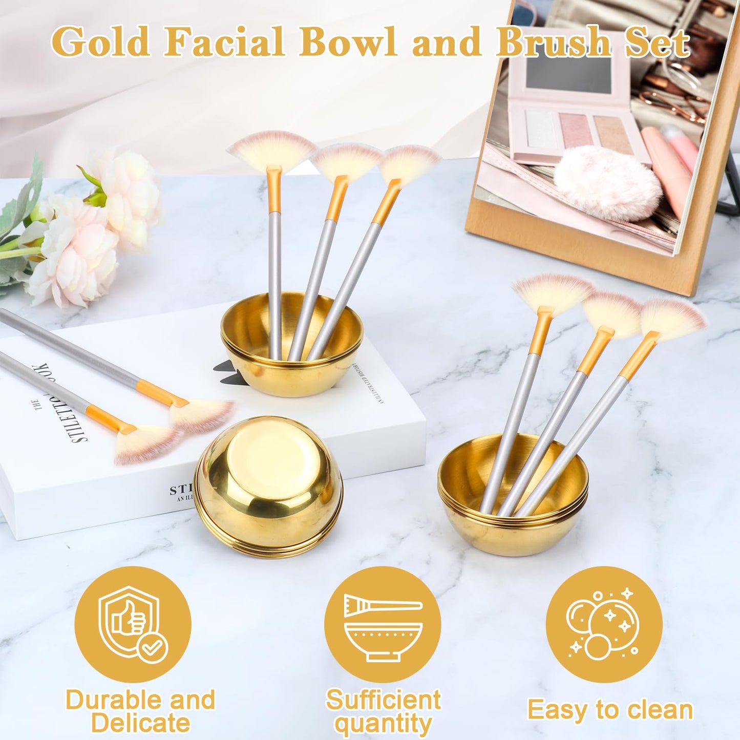 16 Pcs Gold Facial Bowl and Brush Set 8 Facial Fan Brushes Esthetician 8 Gold Facial Mixing Bowls Esthetician Stainless Steel Mixing Bowls Face Mask Brush for Mud Cream Makeup Spa Salon Women