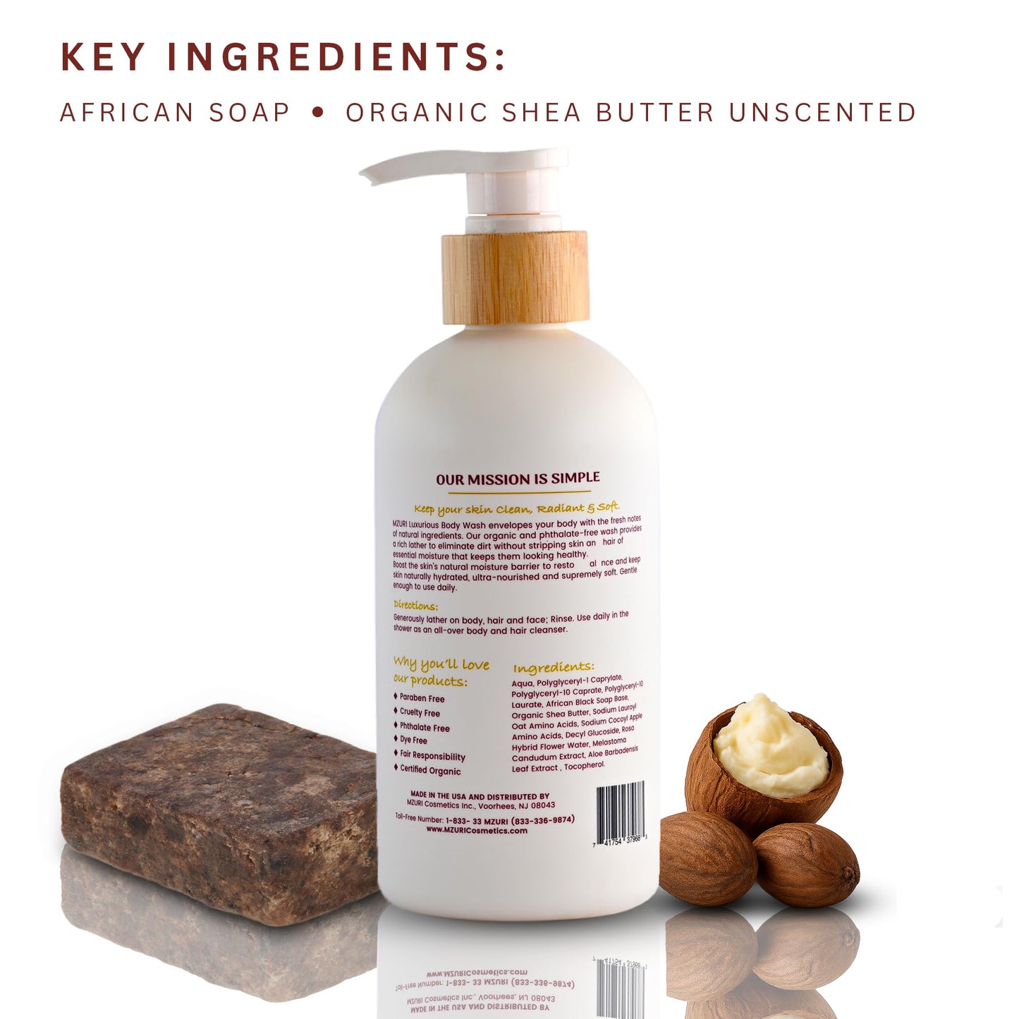 MZURI Unscented Body Wash, African Black Soap, Organic Shea Butter, and Calendula, Moisturizing, Hydrating, and Gentle Formula for Dry, Sensitive Skin, Paraben-Free Luxury Body Wash - 16 Fl. Oz