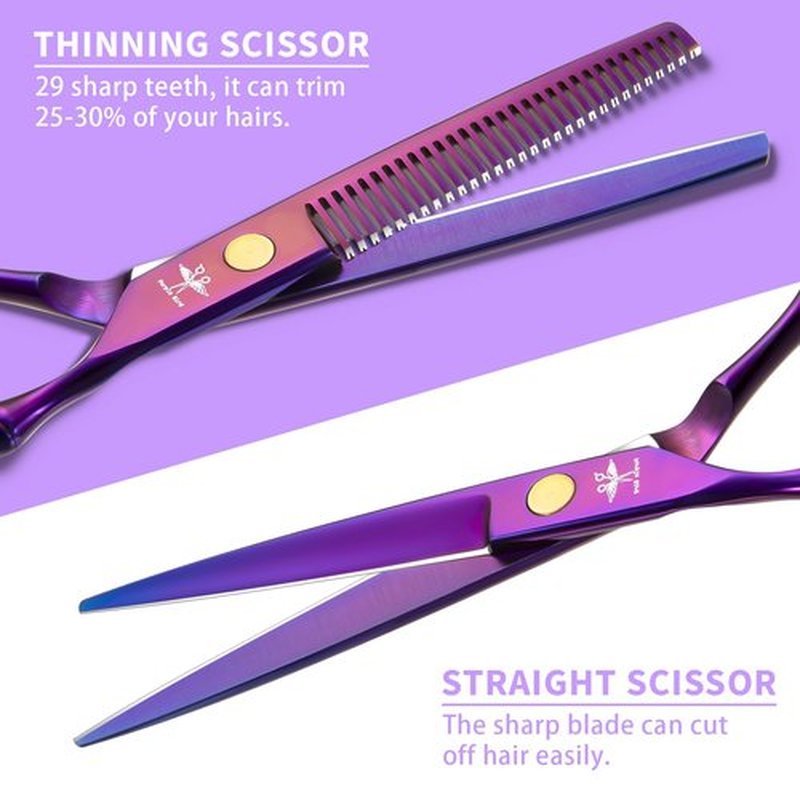 PURPLEBIRD Hair Cutting Scissors Kit, Professional Barber Scissors Hairdressing Shears Set with Stainless Steel Hair Scissors Thinning Scissors for Men Women Pet 10 Pcs Purple