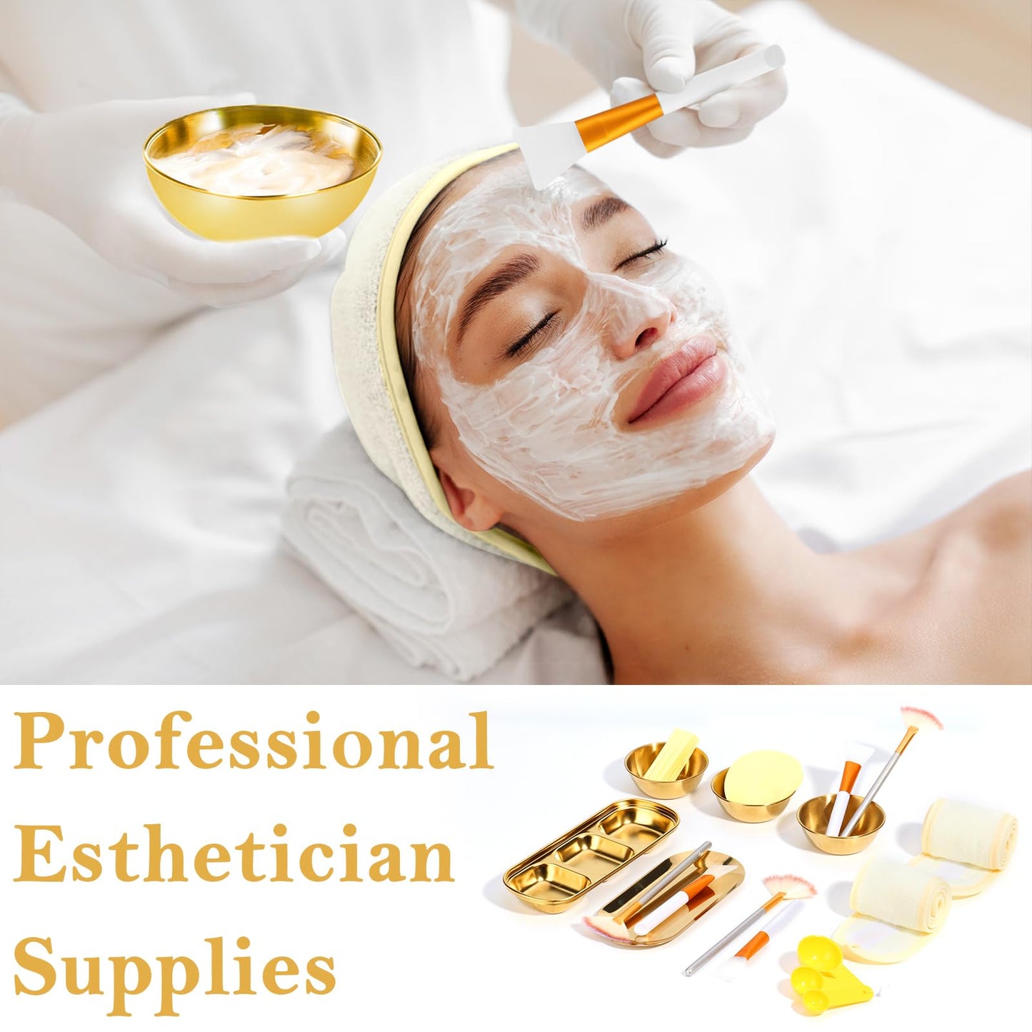 28 Gold Facial Supplies 3 Facial Mask Mixing Bowls 3 Facial Fan Brushes 3 Mask Applicator Brushes 3 Mask Measuring Spoons Skincare Tray 3-Compartment Serving Tray 12 Facial Sponges 2 Spa Headbands