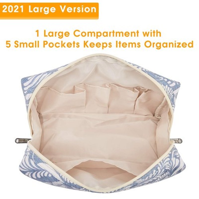 Narwey Large Makeup Bag Zipper Pouch Travel Cosmetic Bag Organizer for Women (Large, Blue Leaf)