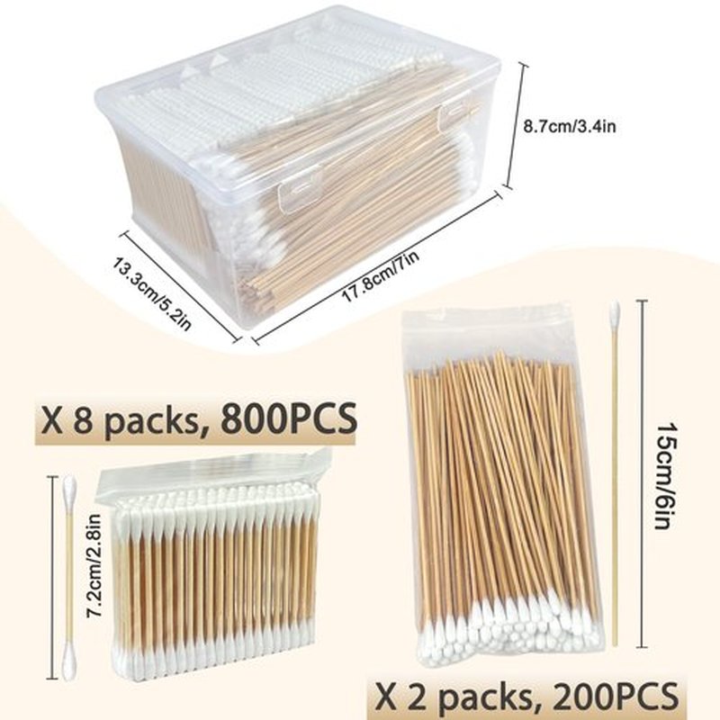 Organic Bamboo Cotton Swabs Set - 1000 Pcs (800 Cotton Swabs for Ear + 200 Long Cotton Swabs), Biodegradable Cotton Buds for Ear Cleaning, Makeup, and Pet Care - Includes Travel Case