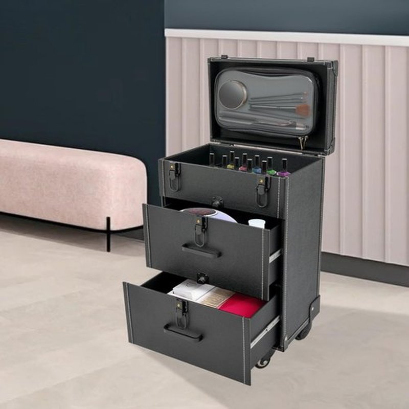QUEWATSA Rolling Makeup Case with Drawers&4 Wheel, Cosmetic Case Trolley, Make Up Suitcase Cosmetic Trolley, Portable Beauty/Nail/Hair Styling Travelling Cart Trunk, Manicure Storage Case (Black)