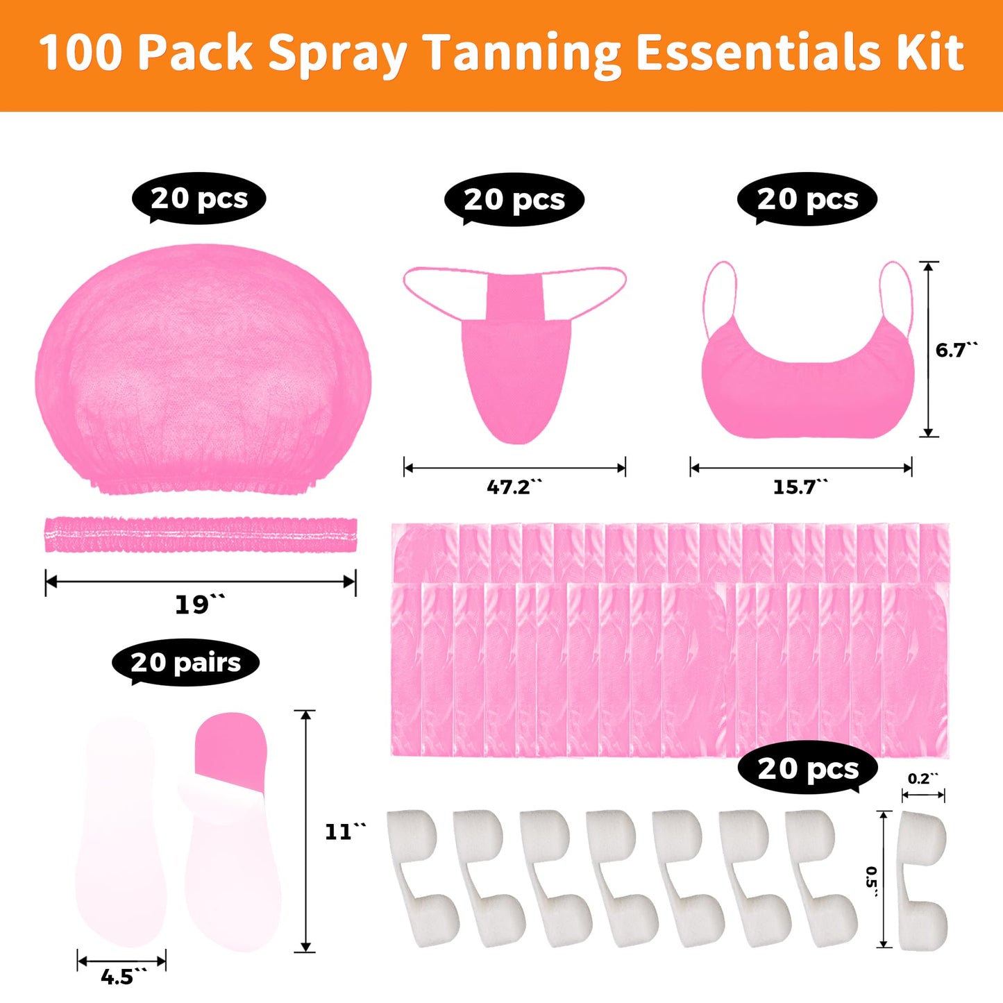 100 Pcs Tan Spray Tanning Essentials Kit: 20 Each Hair Nets, Nose Plugs, Sticky Spray Tan Feet Pads & Disposable Undergarments,Premium Quality Accessories for Salon