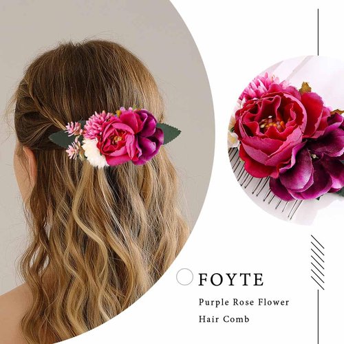 Foyte Flower Bride Wedding Hair Comb White Rose Headpieces Bridal Side Combs Purple Floral Bridesmaid Hair Accessories for Women (Purple)