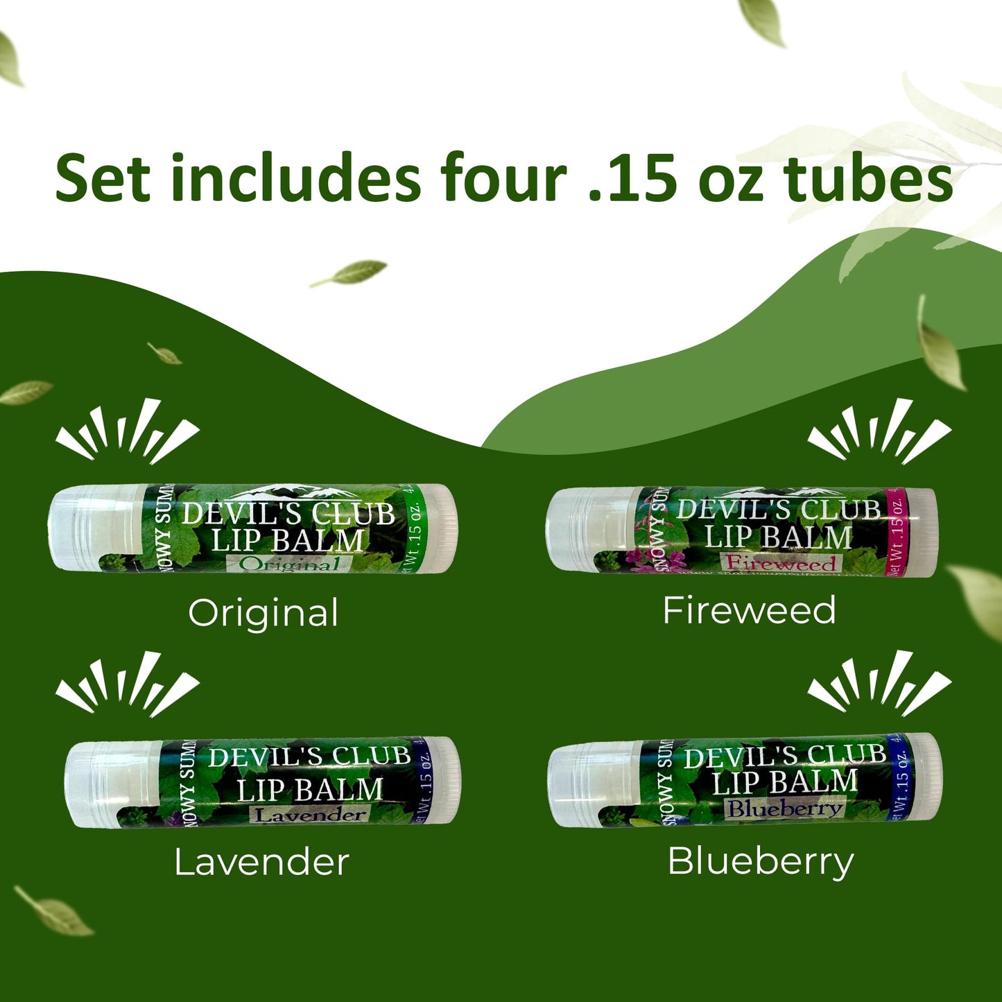 Snowy Summit Devil's Club Lip Balm Set - Contains Fireweed, Lavender, Blueberry - Natural Moisturizing Chapstick with Vitamin E - Handcrafted in Alaska - 4 x .15 oz Tubes for Soft, Smooth Lips