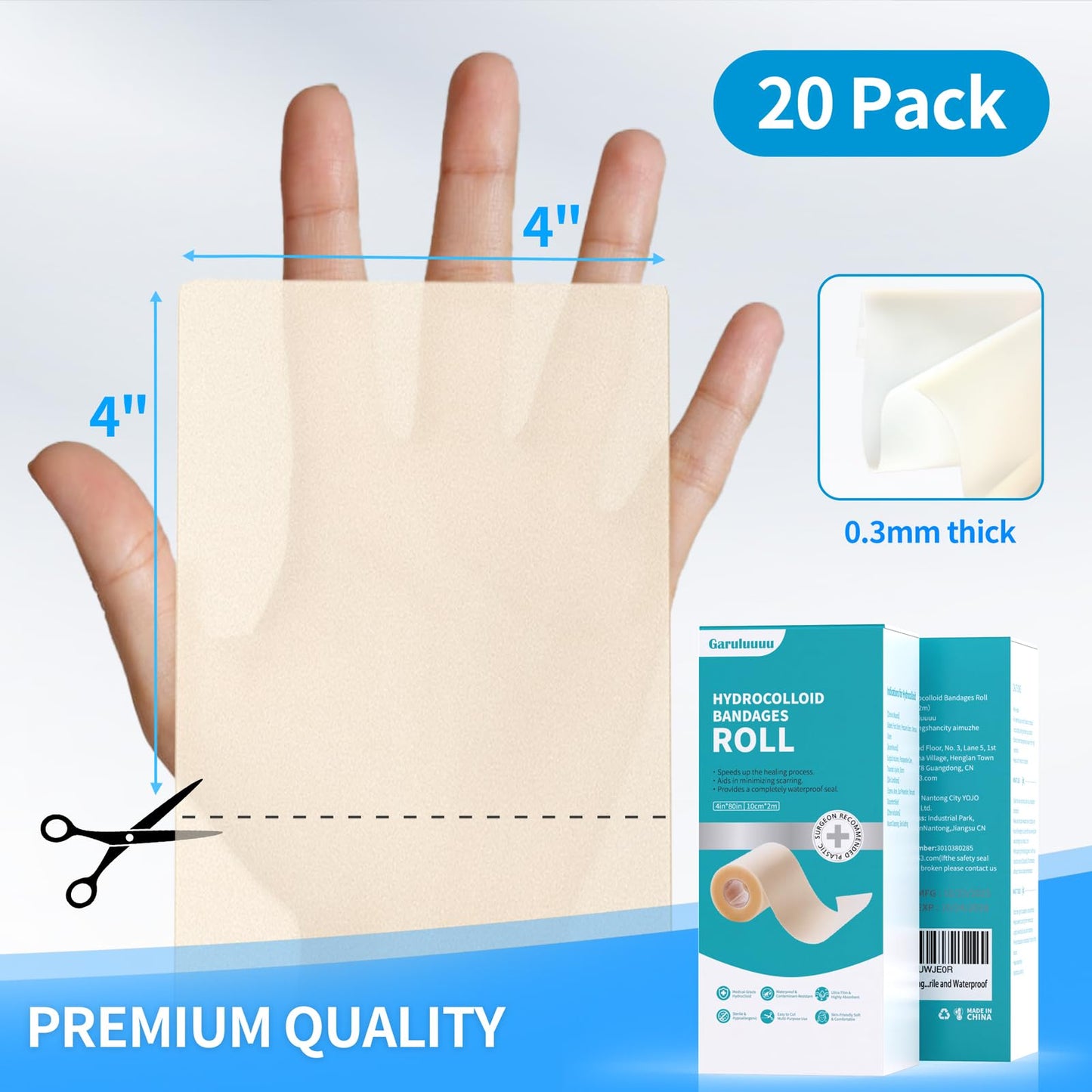 Hydrocolloid Bandages Roll 4" x 80",Hydrocolloid Roll for Wound Care,20 Pcs Ultra Thin 4" x 4" Large Patch Bandages with Self-Adhesive(Cut-to-Size),Hydrocolloid Wound Dressing,Sterile and Waterproof