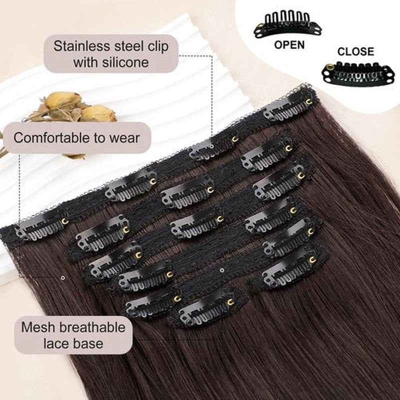 ALXNAN Clip in Hair Extensions, Hair Extensions Thick Long Stright Layered Hair Extensions Dark Brown 20 Inch Soft Lace Weft Hair Extensions for Women