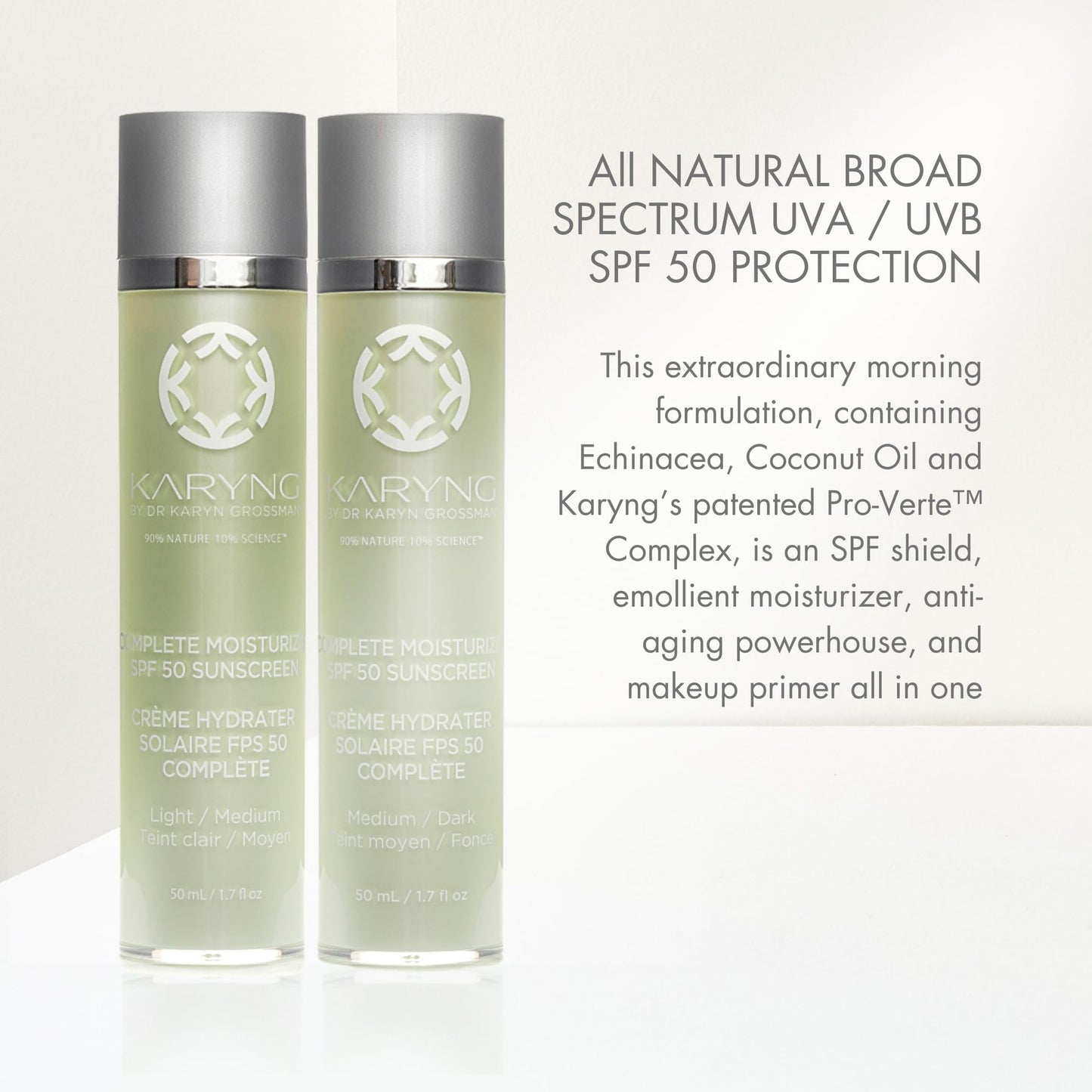 KARYNG Complete Broad Spectrum SPF 50 Sunscreen, Light Coverage Tinted Moisturizer, Lightweight Makeup Primer, Anti Aging Sunscreen For Face, Medium/Dark, 1.7oz