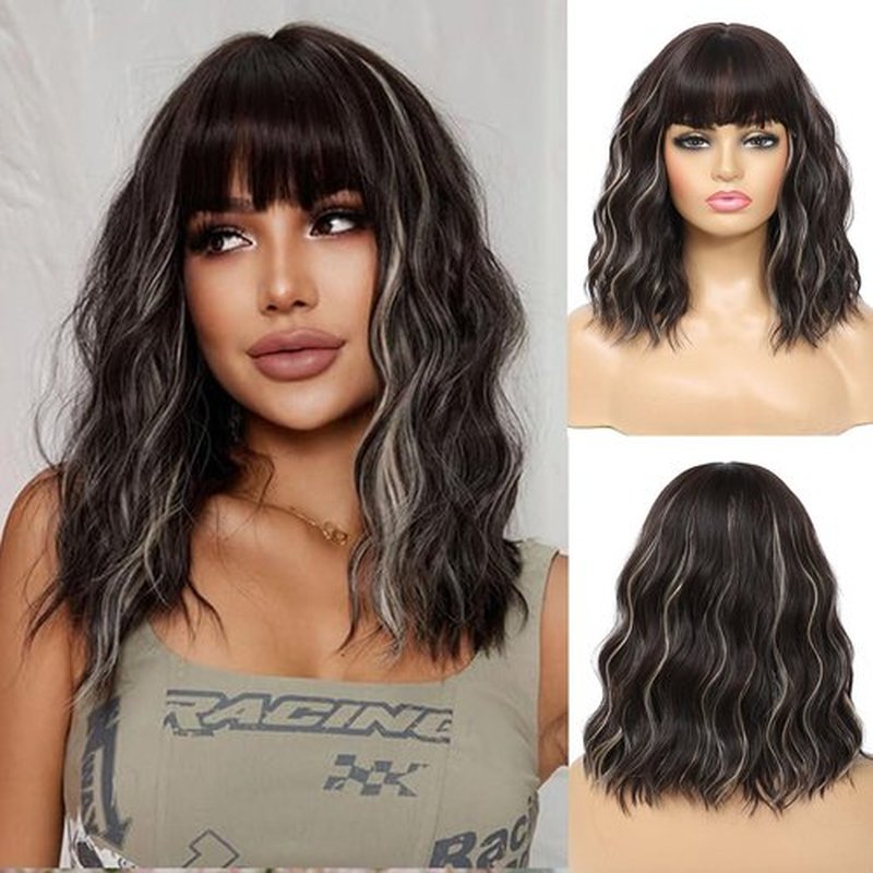 Amarlis Blonde Highlight Wigs for Women, 14 Inch Brown Mix Blonde Wavy Bob Wig with Bangs, Natural Looking Soft Heat Resistant Synthetic Wig for Daily Party Use