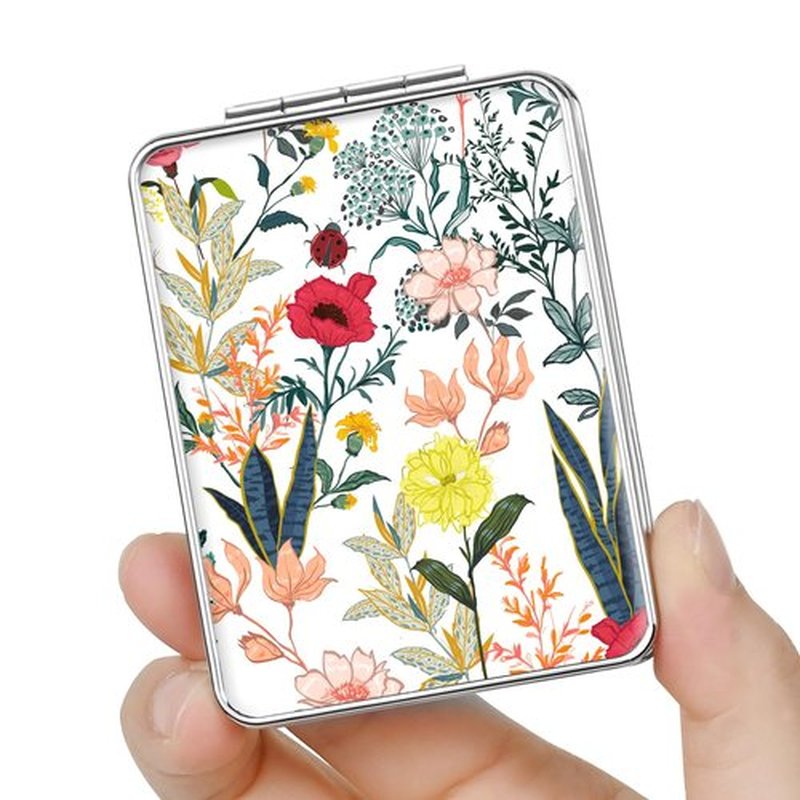 dcdcee Pocket Mirror, Small Travel Mirror with Magnification, Portable Double-Sided Magnifying Cosmetic Mirror for Daily (White Flowers)