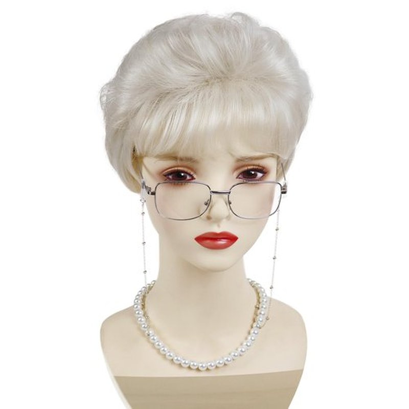 GNIMEGIL Platinum Blonde Short Old Lady Wig Set Synthetic Hair Grandma Wig for 100 Days of School Halloween Costume Granny Mommy Outfits White Women Curly Wig with Glasses, Necklace for Older Women
