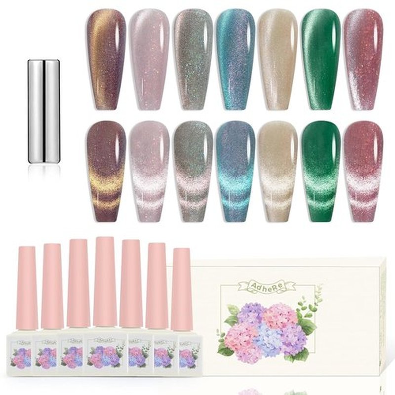 ADHERE Cat Eye Gel Nail Polish 12ml, 7 Colors Magnetic Gel Polish Set with 1 Magnets for Holographic Cat Eye, Salon Gel Manicure and Nail Art DIY at Home