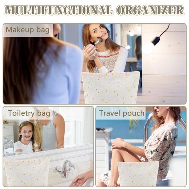 ZLFSRQ Daisy Flower Makeup Bag Travel Cute Floral Cosmetic Bags for Women Large White Makeup Pouch Zipper Cosmetic Pouch for Purse Aesthetic Makeup Organizer Bag Portable Toiletry Bag