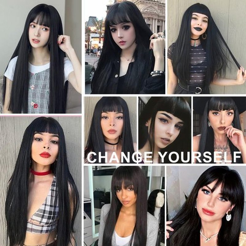 Amarlis Black Wigs for Women, Long Straight Natural Black Wig with Bangs Soft Synthetic Heat Resistant Fiber Wig for Cosplay Daily(24 In, Black)