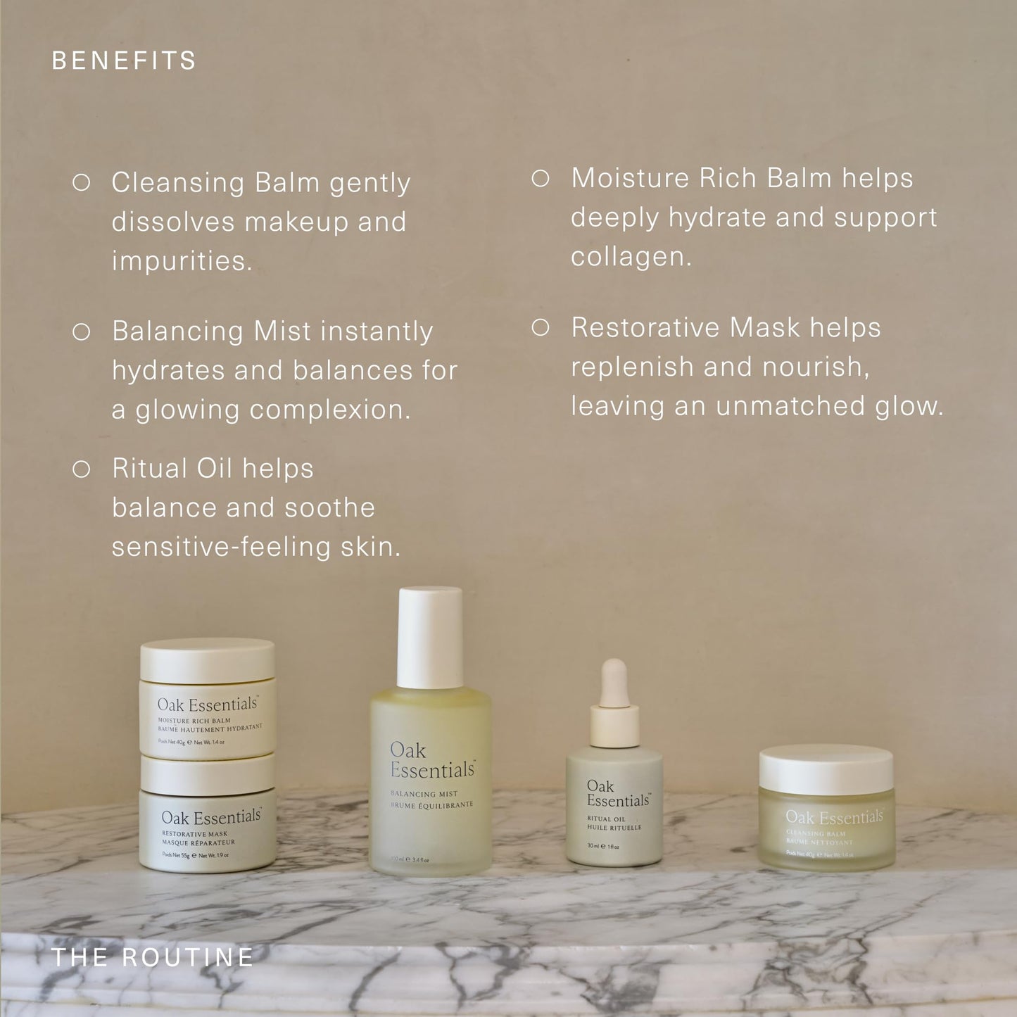 Oak Essentials The Routine Face Skincare Set, 5-Piece Routine: Cleansing Balm, Restorative Mask, Balancing Mist, Ritual Oil and Moisture Rich Balm, Beauty Gift Set for Women, Full Sizes