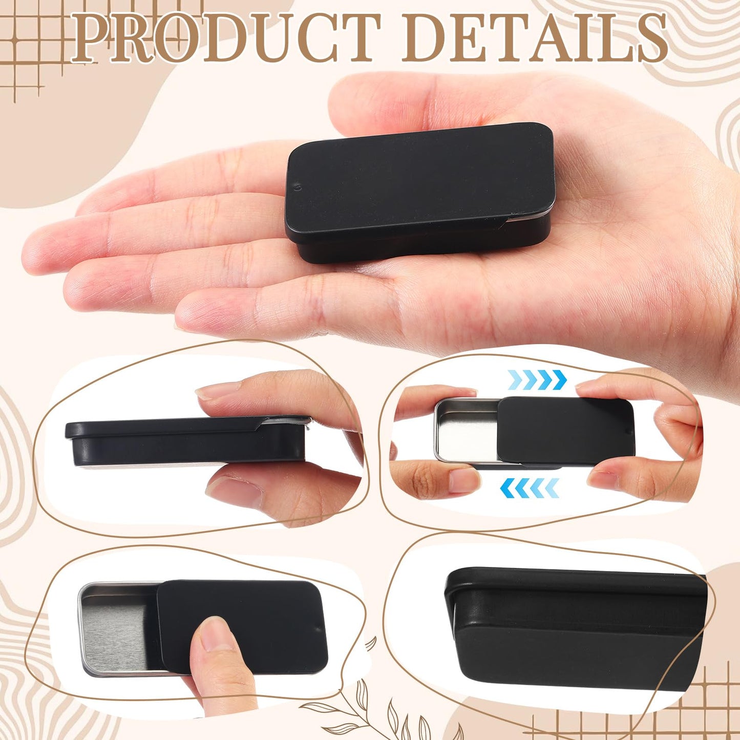Norme 100 Pcs Black Slide Top Small Tin Containers Rectangular Cosmetics Metal Boxes Small Lip Balm Containers Tin Box Metal Tins with Lids for Lip Balm Jewelry Crafts Pills, 3.15 x 1.38 x 0.43"