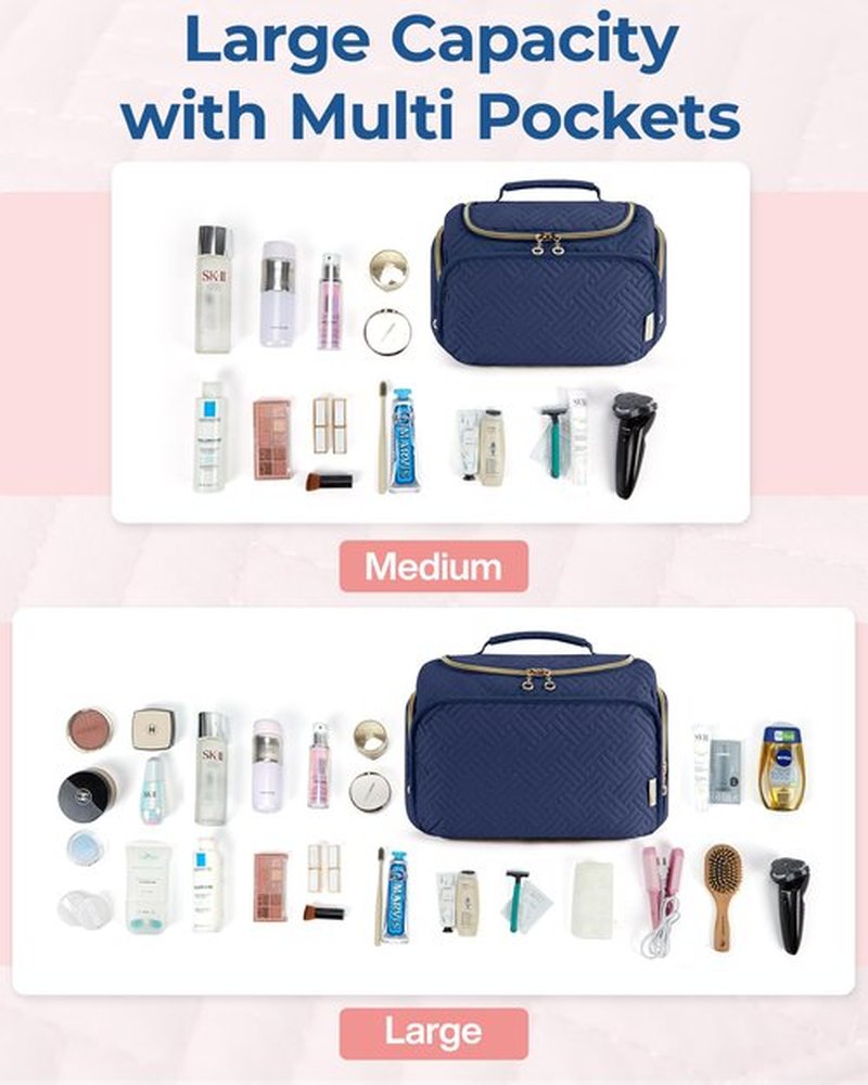 BAGSMART Travel Toiletry Bag, Large Wide-open Travel Bag for Toiletries, Makeup Cosmetic Travel Bag with Handle, Navy-Medium