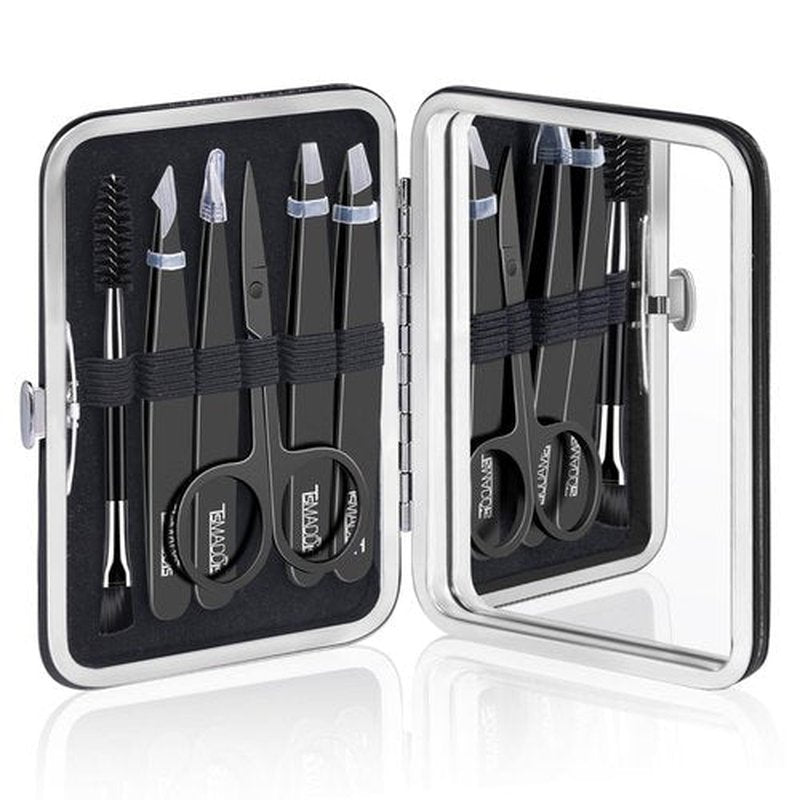 TsMADDTs Tweezers Set for Men - Professional Eyebrow Tweezers - Precision Tweezers for Hair & Ingrown Hair Plucking with Scissors, Mirror, Travel Case (Black)