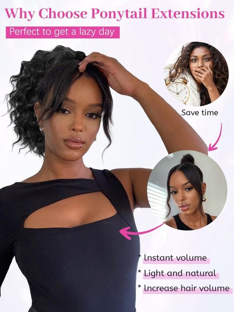 Isaic Ponytail Extension 8Inch Short Wavy Curly Ponytails Drawstring Ponytail for Black Women Black Mixed Ginger Pony Tails Hair Extensions Synthetic Hairpiece for Daily Use