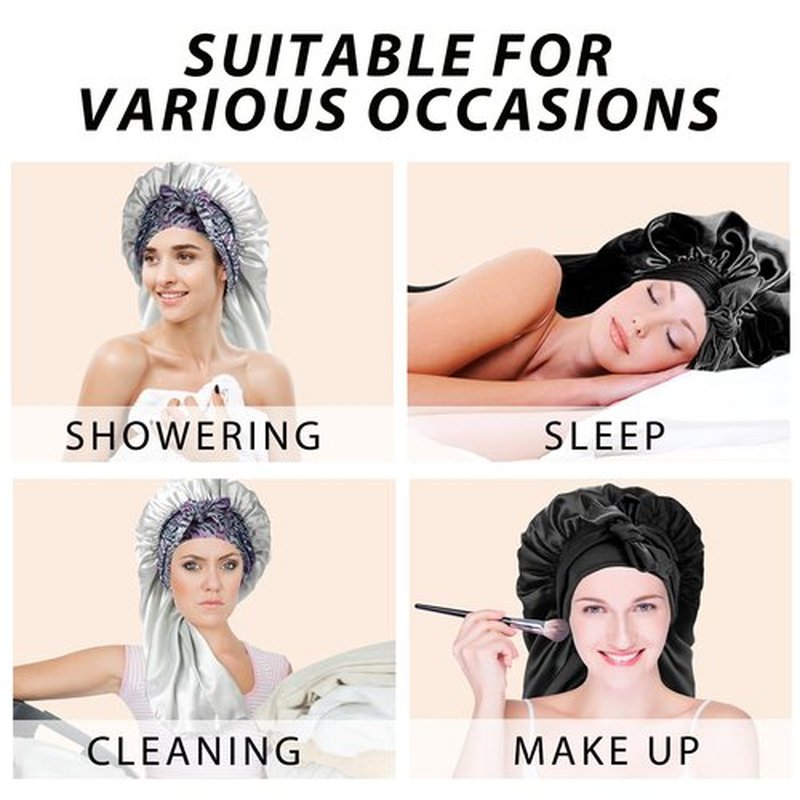 2Pack Bonnets for Black Women Braid Bonnet, Large Long Bonnet Satin Bonnet for Braids,Black Women Silk Bonnet with Stretchy Tie Band Braid Bonnet for Sleeping Extra Long (Black & Light Green Pattern