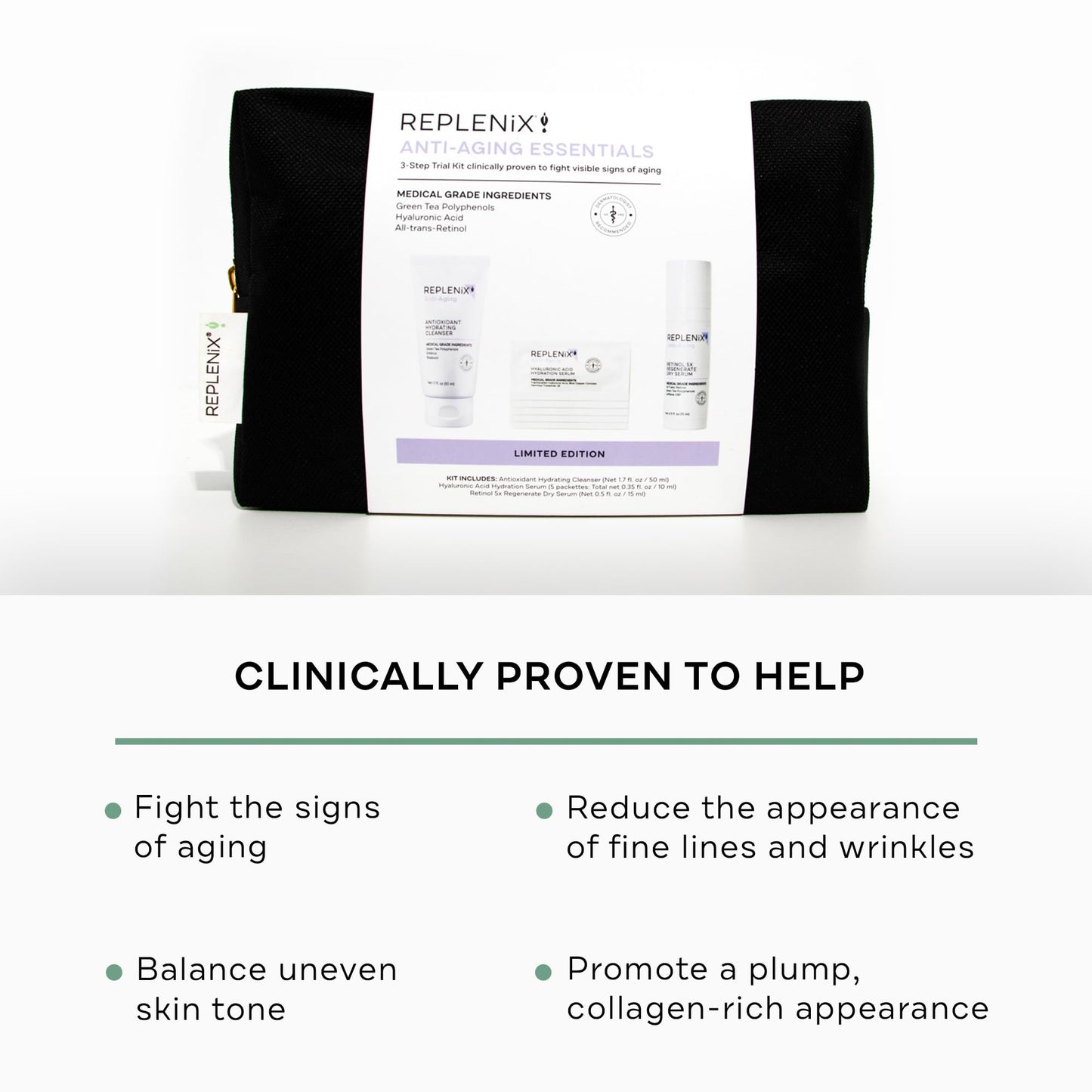 Replenix Anti-Aging Essentials 3 Step Trial Kit, Travel-Size Skincare Products for Mature Skin (Hyaluronic Acid Serum, Hydrating Cleanser, Retinol Serum), Cruelty and Paraben free