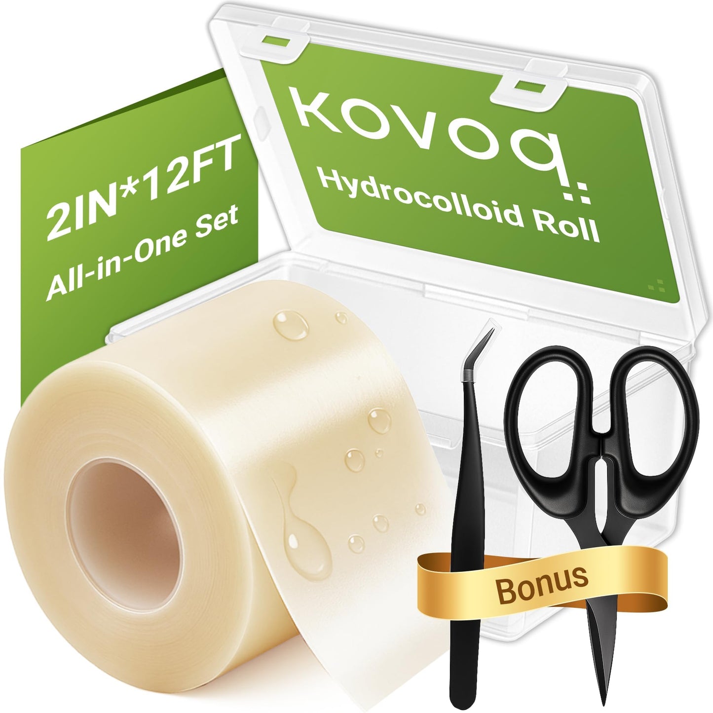 Hydrocolloid Roll Bandages for Wound Care, Kovoq Medical Grade Hydrocolloid Pimple Patches Tape Sterile and Waterproof, with DIY Size & Shape Tools Scissor and Tweezer (2in * 12ft)